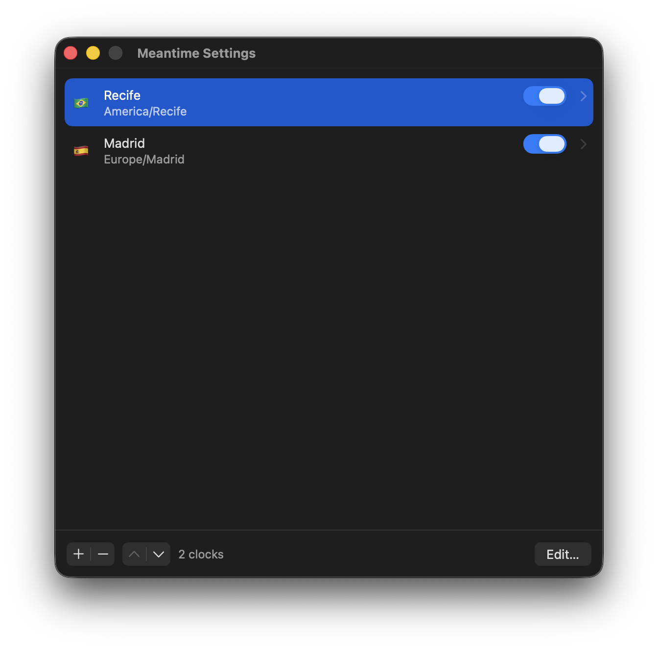 Meantime Settings showing a native selectable list of clocks with add, remove, reorder, and edit controls